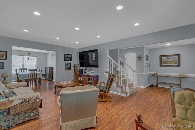 802 Westgate Ct, Newport News, VA 23602 - living room with stairway, recessed lighting, wood finished floors, a chandelier, and baseboards
