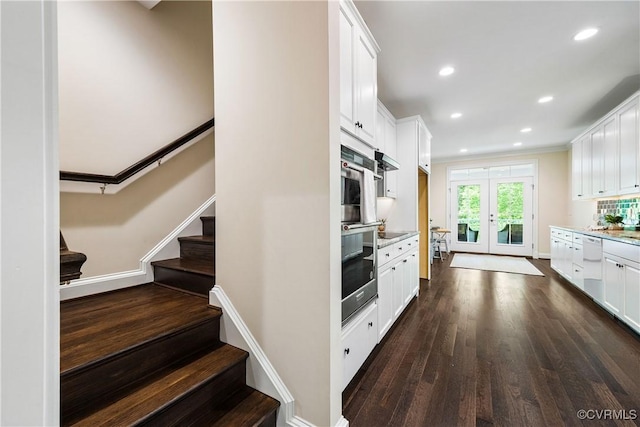 3904 Ambergrove Ave, Chesterfield, VA 23236 - kitchen with french doors, dark wood finished floors, white cabinetry, light countertops, and crown molding