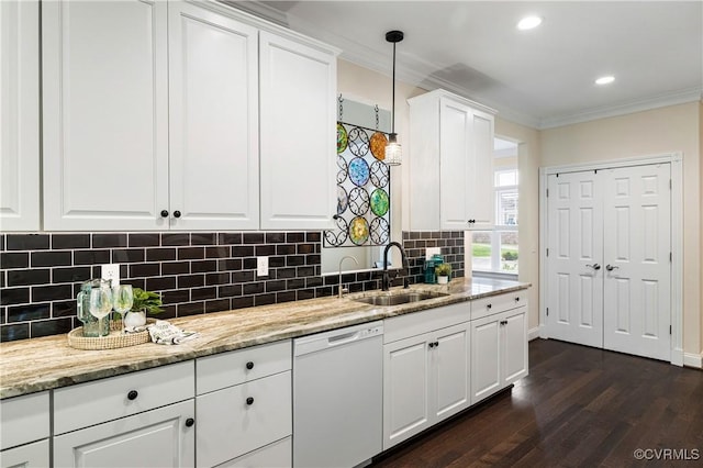 3904 Ambergrove Ave, Chesterfield, VA 23236 - kitchen with white dishwasher, dark wood-type flooring, ornamental molding, white cabinetry, and tasteful backsplash