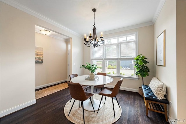 3904 Ambergrove Ave, Chesterfield, VA 23236 - dining area with a chandelier, baseboards, dark wood-type flooring, and ornamental molding