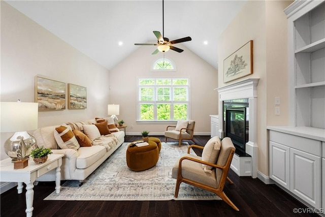 3904 Ambergrove Ave, Chesterfield, VA 23236 - living area with dark wood-type flooring, a ceiling fan, baseboards, a fireplace, and lofted ceiling