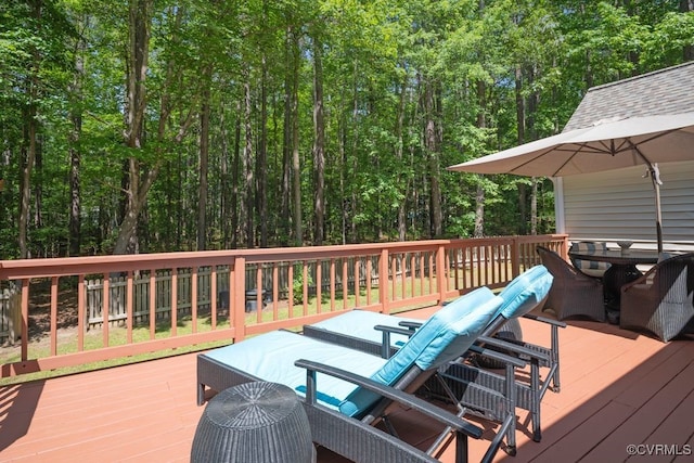 15300 Houndmaster Cir, Midlothian, VA 23112 - wooden deck featuring outdoor dining area and a wooded view