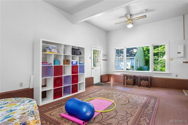 2020 Running Brook Ln, Midlothian, VA 23113 - bedroom featuring carpet floors, beam ceiling, electric panel, and ceiling fan