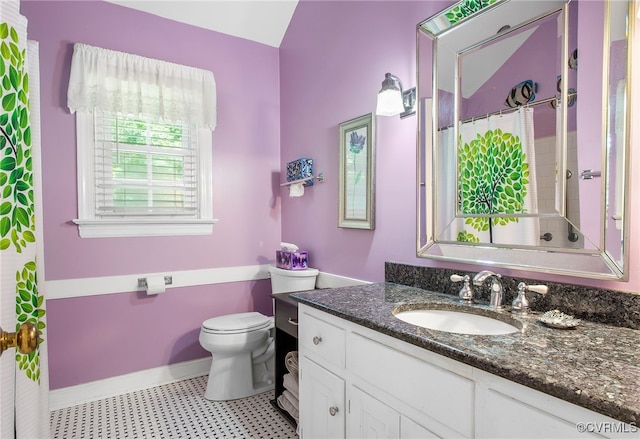2020 Running Brook Ln, Midlothian, VA 23113 - bathroom with toilet, vanity, tile patterned floors, baseboards, and a shower with curtain