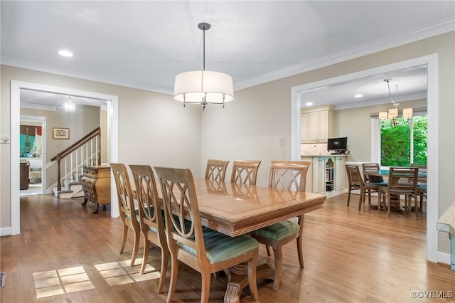 2020 Running Brook Ln, Midlothian, VA 23113 - dining space with crown molding, stairway, light wood-type flooring, and recessed lighting