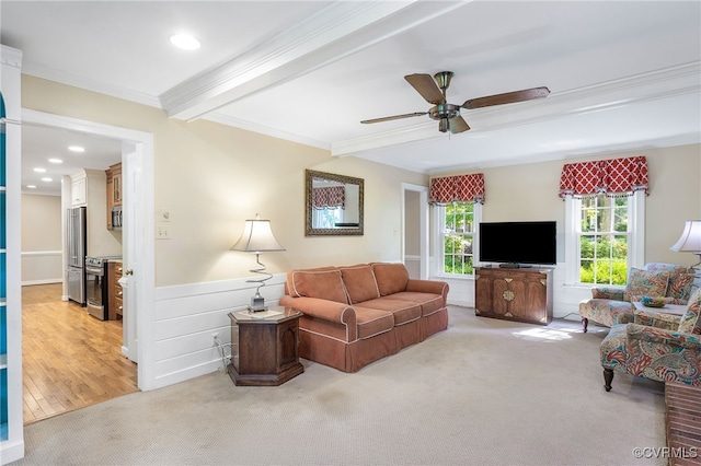 2020 Running Brook Ln, Midlothian, VA 23113 - living area featuring crown molding, a ceiling fan, light carpet, beam ceiling, and a wainscoted wall