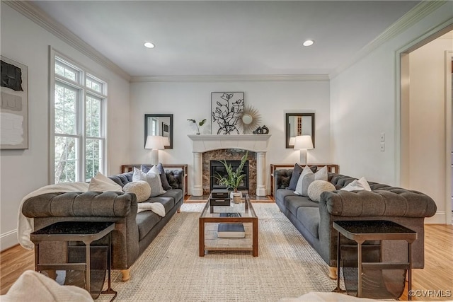 3330 Handley Rd, Midlothian, VA 23113 - living area with light wood-style floors, a high end fireplace, ornamental molding, recessed lighting, and baseboards