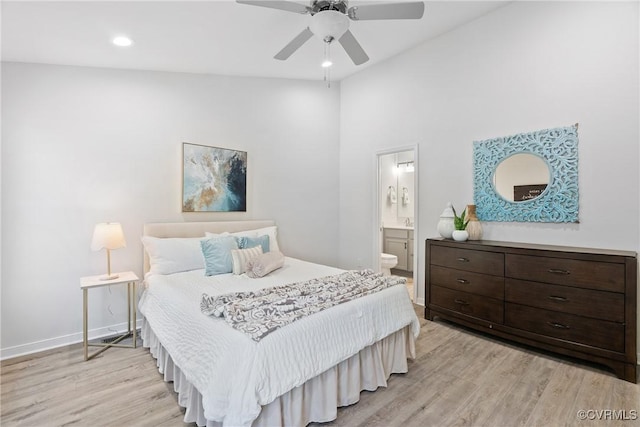 1117 N 31st St, Richmond, VA 23223 - bedroom with light wood finished floors, ensuite bath, recessed lighting, ceiling fan, and high vaulted ceiling