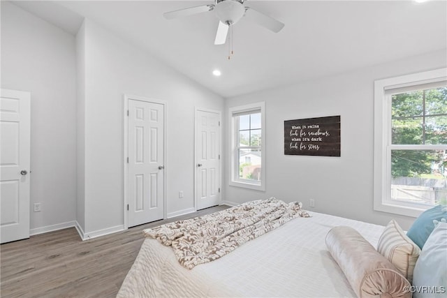 1117 N 31st St, Richmond, VA 23223 - bedroom with lofted ceiling, wood finished floors, multiple closets, recessed lighting, and a ceiling fan