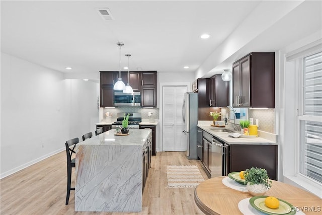 1117 N 31st St, Richmond, VA 23223 - kitchen featuring stainless steel appliances, dark brown cabinets, a kitchen island, tasteful backsplash, and decorative light fixtures