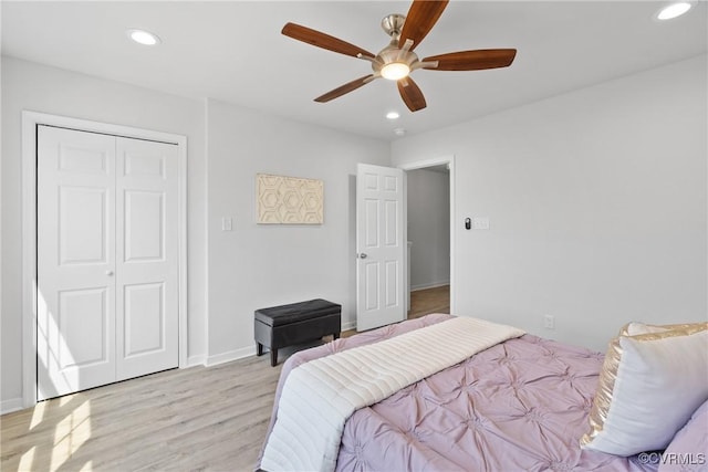 1117 N 31st St, Richmond, VA 23223 - bedroom with recessed lighting, light wood-type flooring, a closet, and a ceiling fan