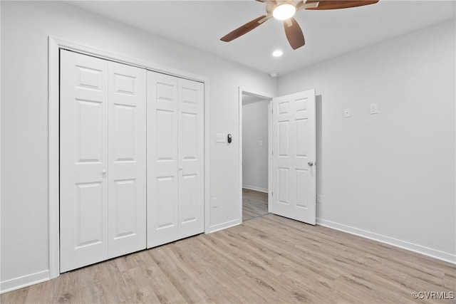 1117 N 31st St, Richmond, VA 23223 - unfurnished bedroom featuring light wood-type flooring, a closet, ceiling fan, and recessed lighting