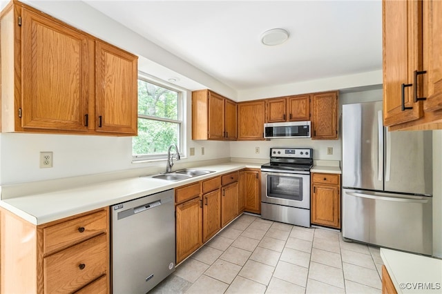 9645 Benbow Rd, North Chesterfield, VA 23235 - kitchen featuring stainless steel appliances, a sink, brown cabinetry, and light tile patterned floors