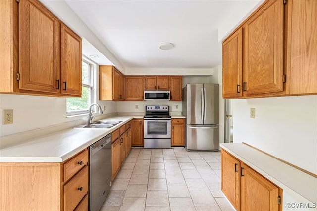 9645 Benbow Rd, North Chesterfield, VA 23235 - kitchen featuring appliances with stainless steel finishes, a sink, brown cabinets, light countertops, and light tile patterned floors