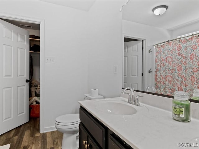 11660 Oakrise Pl, New Kent, VA 23124 - bathroom featuring vanity, wood finished floors, toilet, and a shower with shower curtain