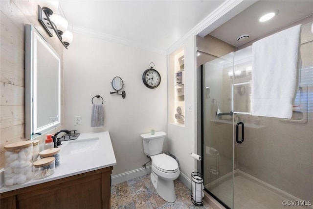 905 Manakin Rd, Midlothian, VA 23113 - bathroom featuring vanity, a shower stall, baseboards, ornamental molding, and toilet
