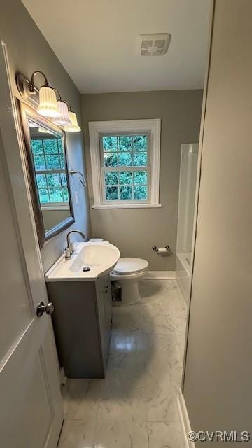 9014 Weldon Dr, Henrico, VA 23229 - full bath featuring marble look tile flooring, vanity, toilet, a tub to relax in, and a shower