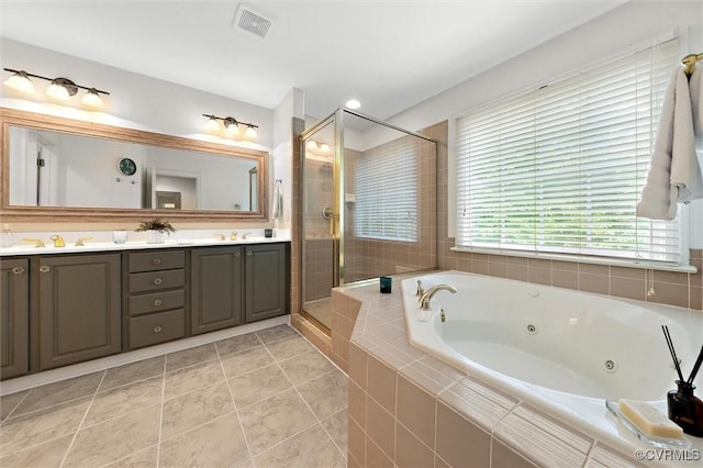 13212 Railey Hill Dr, Midlothian, VA 23114 - bathroom featuring a tub with jets, a stall shower, double vanity, and tile patterned floors