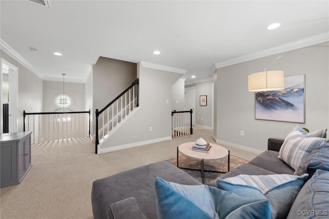 13212 Railey Hill Dr, Midlothian, VA 23114 - living area featuring light carpet, crown molding, recessed lighting, a chandelier, and baseboards