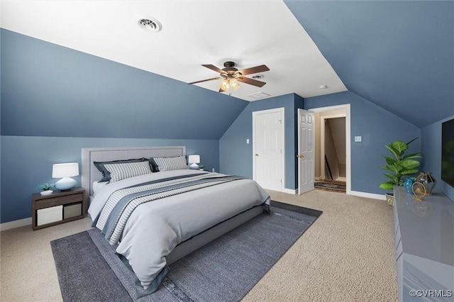 13212 Railey Hill Dr, Midlothian, VA 23114 - bedroom featuring light carpet, vaulted ceiling, baseboards, and ceiling fan