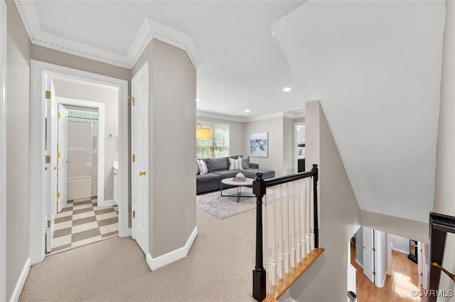 13212 Railey Hill Dr, Midlothian, VA 23114 - stairway featuring baseboards, ornamental molding, carpet, and recessed lighting