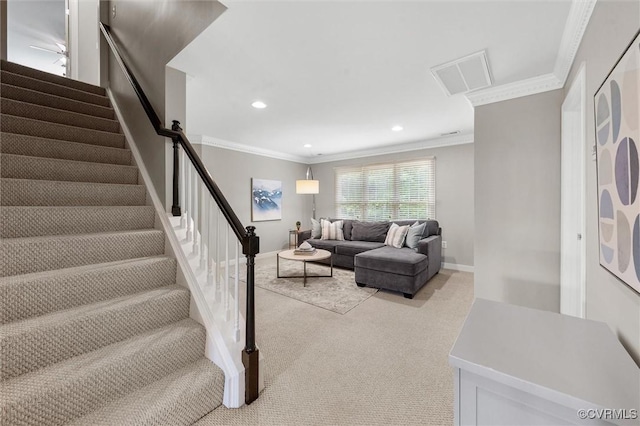 13212 Railey Hill Dr, Midlothian, VA 23114 - living room with ornamental molding, stairway, light colored carpet, recessed lighting, and baseboards