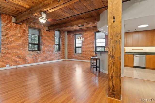 251 Rocketts Way Unit 210, Henrico, VA 23231 - unfurnished living room featuring brick wall, wooden ceiling with exposed beams, light wood-style floors, ceiling fan, and baseboards