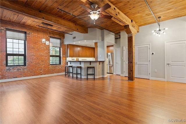 251 Rocketts Way Unit 210, Henrico, VA 23231 - living room with wood ceiling with exposed beams, light wood-style flooring, brick wall, baseboards, and ceiling fan