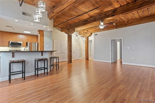 251 Rocketts Way Unit 210, Henrico, VA 23231 - unfurnished living room with wooden ceiling with exposed beams, a ceiling fan, baseboards, light wood-type flooring, and recessed lighting