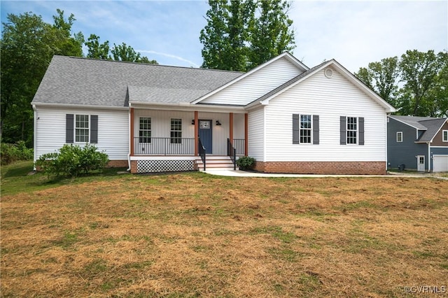 15631 Corte Castle Ter, Chesterfield, VA 23838 - ranch-style home featuring covered porch, a front lawn, a garage, and a shingled roof