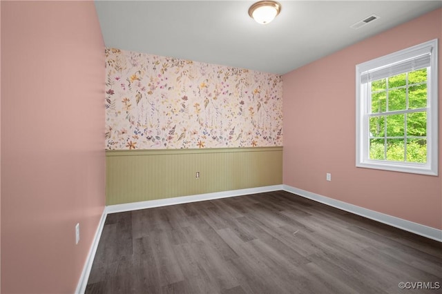 15631 Corte Castle Ter, Chesterfield, VA 23838 - empty room with wainscoting, baseboards, dark wood-type flooring, and wallpapered walls