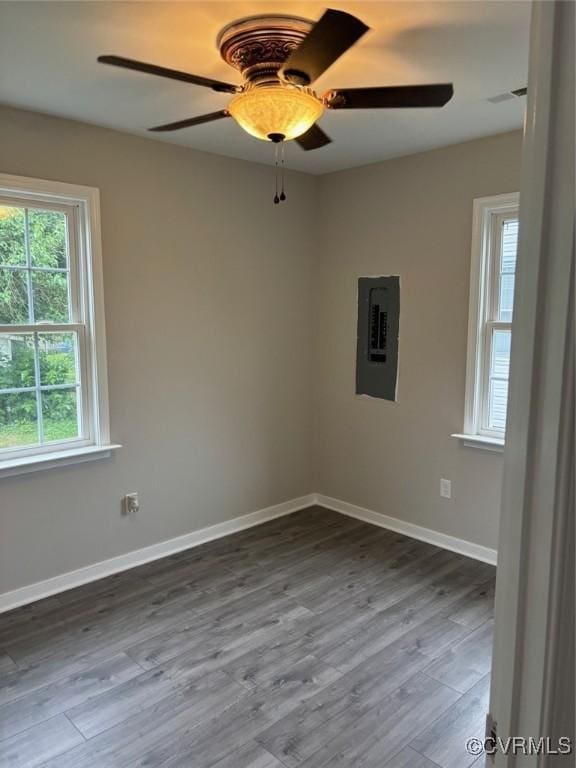 113 N Fern Ave, Highland Springs, VA 23075 - spare room featuring electric panel, ceiling fan, wood finished floors, and baseboards