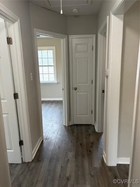 113 N Fern Ave, Highland Springs, VA 23075 - hallway featuring dark wood-style floors, attic access, and baseboards