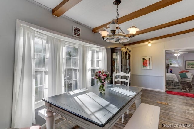 9361 Sheldon Ln, Gloucester, VA 23061 - dining space with beamed ceiling, a chandelier, wood finished floors, a wainscoted wall, and ceiling fan