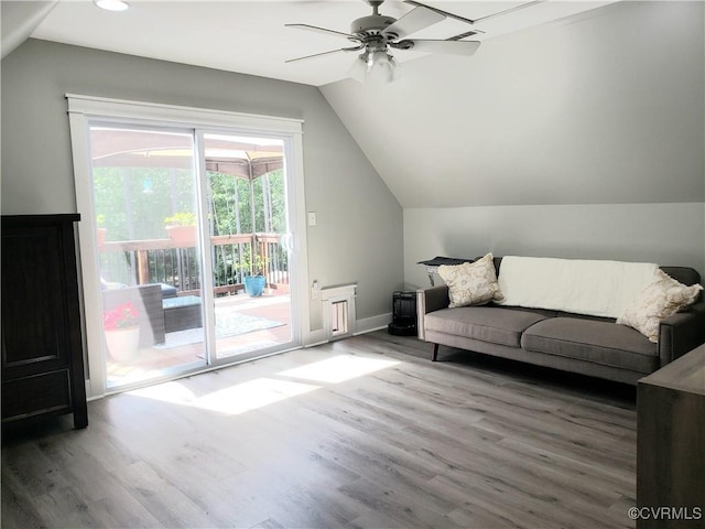 6420 Clayville Ln, Moseley, VA 23120 - living area with lofted ceiling, wood finished floors, a ceiling fan, recessed lighting, and baseboards