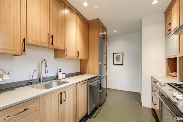4318 Stuart Ave, Richmond, VA 23221 - kitchen featuring stainless steel appliances, a sink, recessed lighting, light countertops, and light brown cabinets