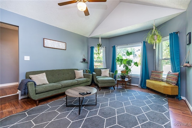 4710 Mason Rest Ct, Chesterfield, VA 23234 - living area featuring dark wood-type flooring, vaulted ceiling, a ceiling fan, baseboards, and a textured ceiling