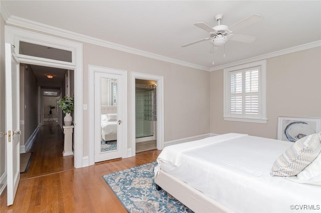 2923 Monument Ave Unit 1, Richmond, VA 23221 - bedroom featuring ornamental molding, wood finished floors, baseboards, connected bathroom, and ceiling fan