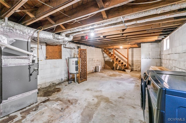 1743 Johnson Rd, Petersburg, VA 23805 - below grade area with stairs, heating unit, and water heater
