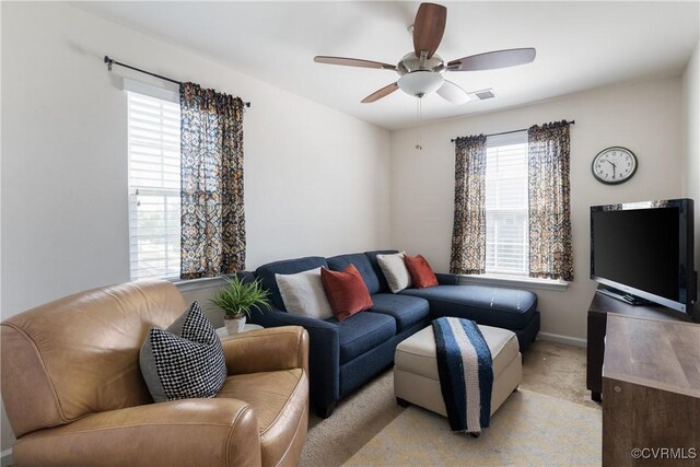 8910 Ringview Dr, Mechanicsville, VA 23116 - living area with ceiling fan, baseboards, and light colored carpet