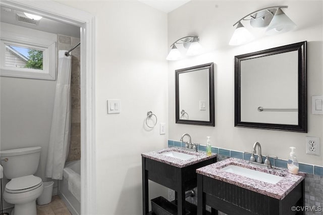 15836 Hampton Park Cir, Chesterfield, VA 23832 - full bath with toilet, two vanities, shower / bath combo with shower curtain, and tile patterned flooring