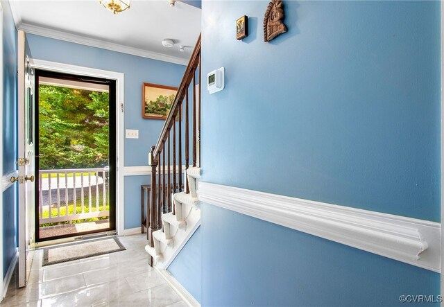 1724 Villageway Dr, Henrico, VA 23229 - foyer with stairs, ornamental molding, and marble finish floors