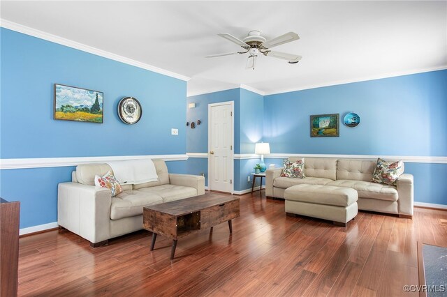 1724 Villageway Dr, Henrico, VA 23229 - living room featuring a ceiling fan, crown molding, wood finished floors, and baseboards