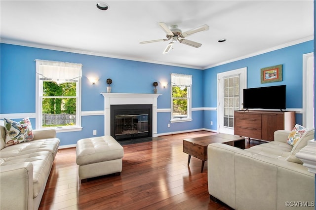 1724 Villageway Dr, Henrico, VA 23229 - living area with ceiling fan, wood finished floors, healthy amount of natural light, baseboards, and crown molding