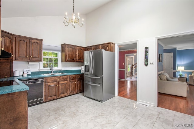 1724 Villageway Dr, Henrico, VA 23229 - kitchen featuring black appliances, a sink, high vaulted ceiling, range hood, and a chandelier