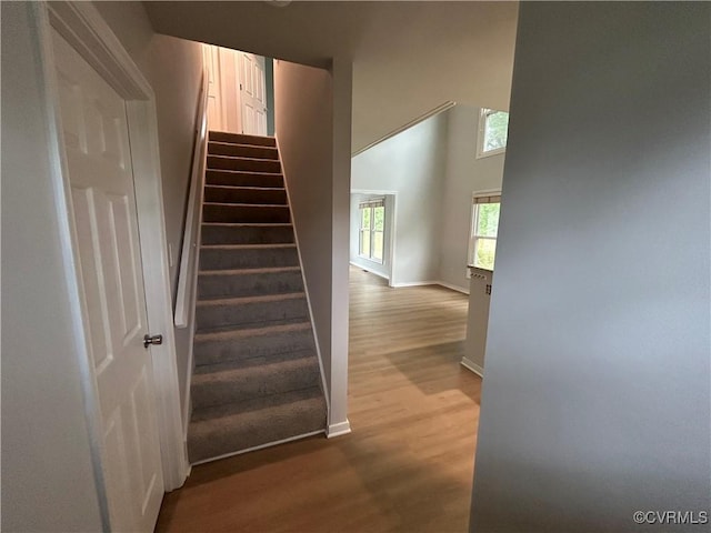 7821 Breaker Point Ct, Chesterfield, VA 23832 - staircase featuring wood finished floors, baseboards, and a high ceiling