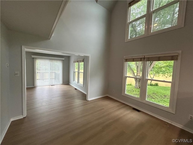 7821 Breaker Point Ct, Chesterfield, VA 23832 - unfurnished living room featuring baseboards, wood finished floors, and a towering ceiling