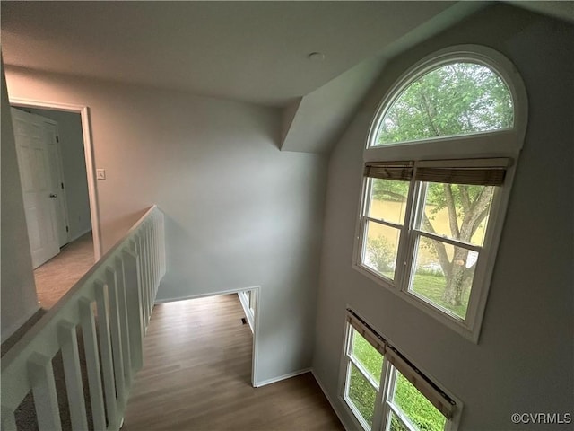 7821 Breaker Point Ct, Chesterfield, VA 23832 - corridor featuring wood finished floors, vaulted ceiling, an upstairs landing, and baseboards