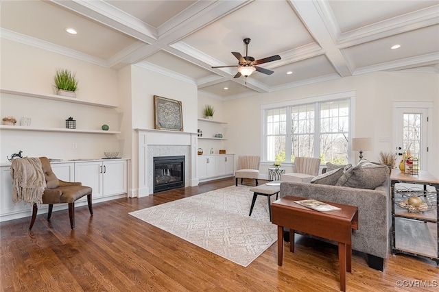 1555 Smokey Ridge Rd, Maidens, VA 23102 - living area featuring ceiling fan, coffered ceiling, a glass covered fireplace, wood finished floors, and beam ceiling