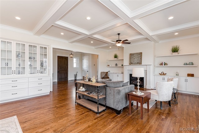 1555 Smokey Ridge Rd, Maidens, VA 23102 - living area featuring light wood-type flooring, ceiling fan, a fireplace, beamed ceiling, and coffered ceiling